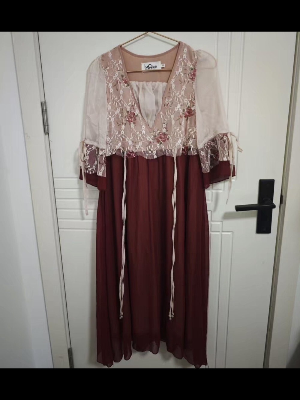 Embroidered Two-Tone Lace Midi Dress in Dusty Rose and Burgundy